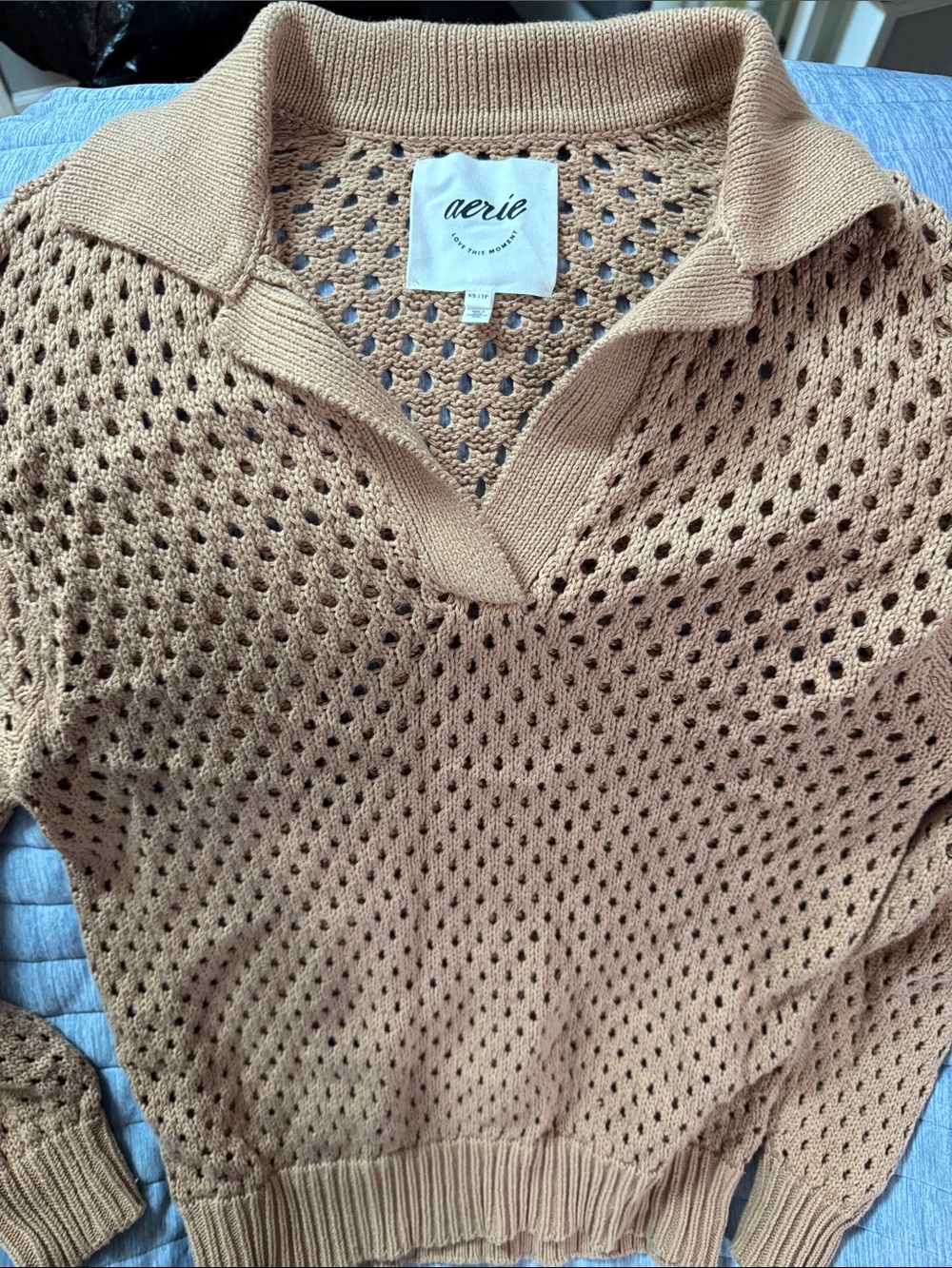 aerie Women's Open-Knit V-Neck Collared Sweater - Camel Brown